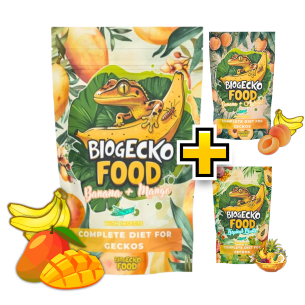 biogecko-food-papki.png BioGecko Food Zestaw Próbny 3×30g – Banan & Owoce tropikalne, Mango, Morela