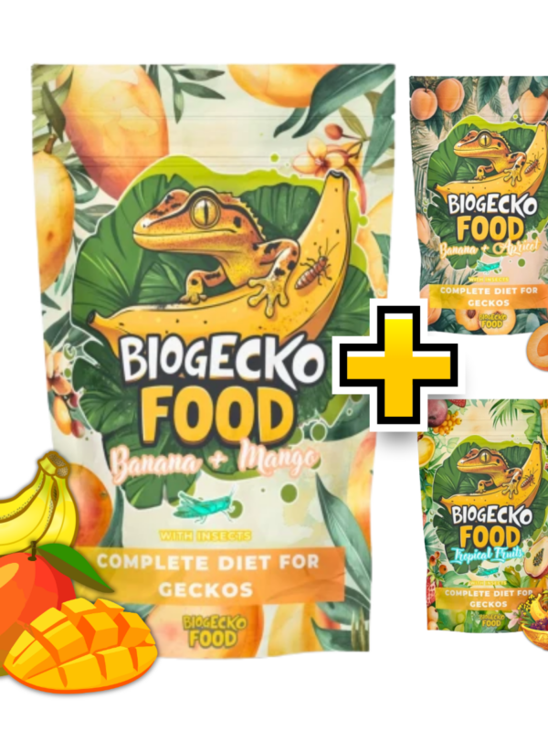 BioGecko Food Zestaw Próbny 3×30g – Banan & Owoce tropikalne, Mango, Morela