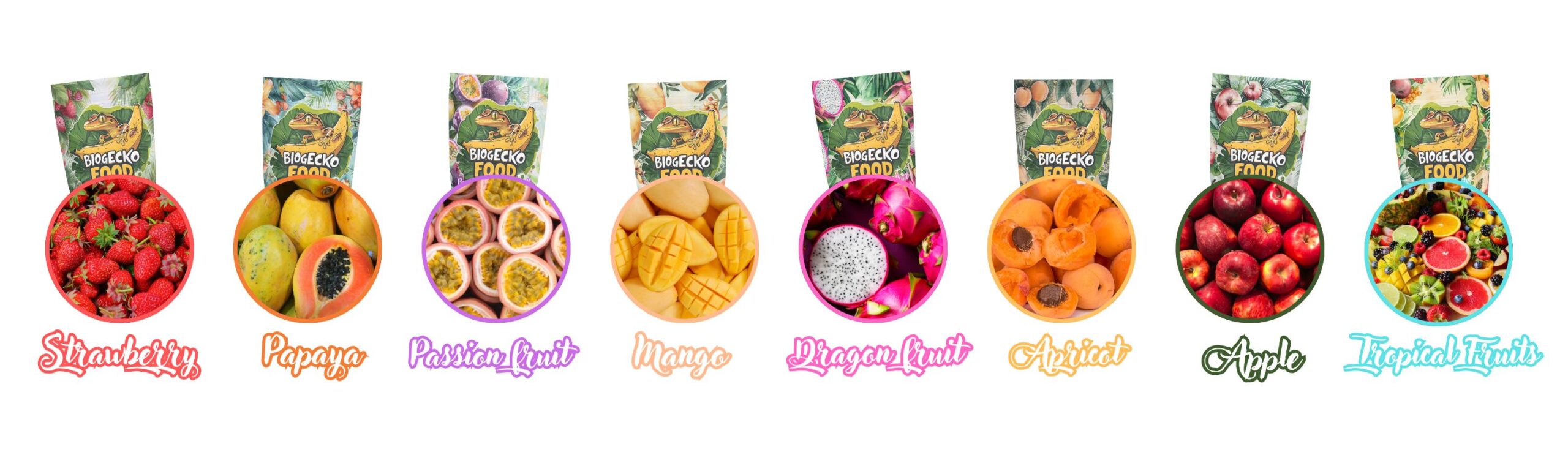 BioGecko Food – dostępne smaki: truskawka, papaja, marakuja, mango, smoczy owoc, morela, jabłko, owoce tropikalne